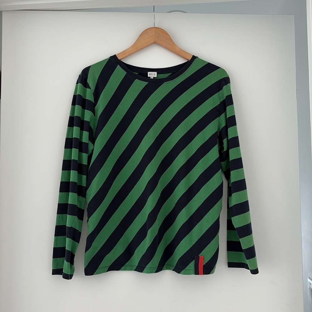 KULE | The Modern Long Sleeve Tee | Navy/Green Striped | 100% Cotton | Size XL